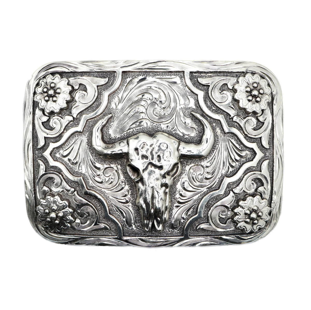 Bull Skull with Flowered Corners Buckle