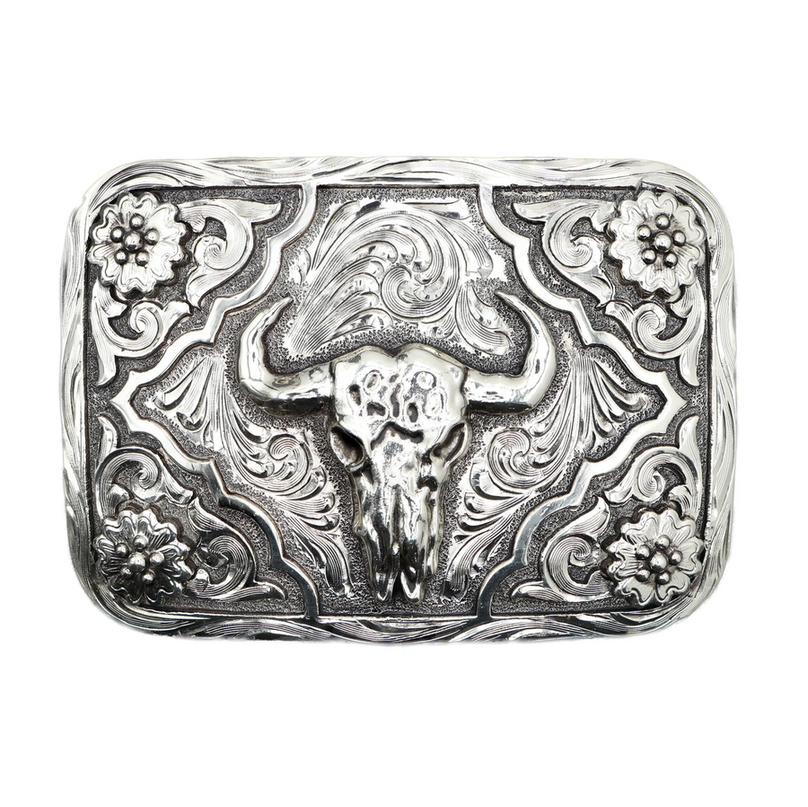 Bull Skull with Flowered Corners Buckle